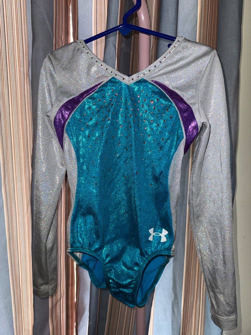 Under Armour Teal & Silver Metallic Long-Sleeve Leotard - Child Large